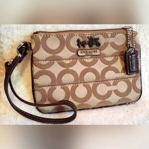 Coach Beige and Brown Logo Wristlet